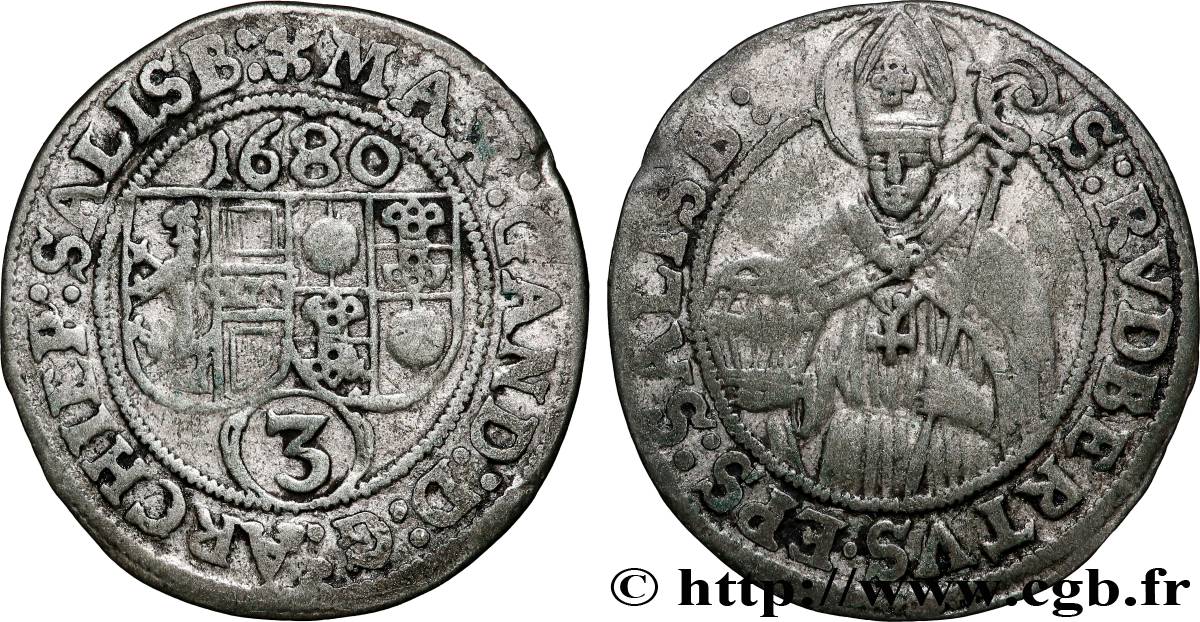 AUTRICHE - ARCHEVÊCHÉ DE SALZBOURG - MAXIMILIEN GANDOLPHE COMTE DE KÜENBURG 3 kreuzers 1680 Salzbourg TTB 