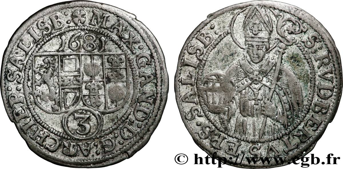 AUTRICHE - ARCHEVÊCHÉ DE SALZBOURG - MAXIMILIEN GANDOLPHE COMTE DE KÜENBURG 3 kreuzers 1681 Salzbourg TTB 