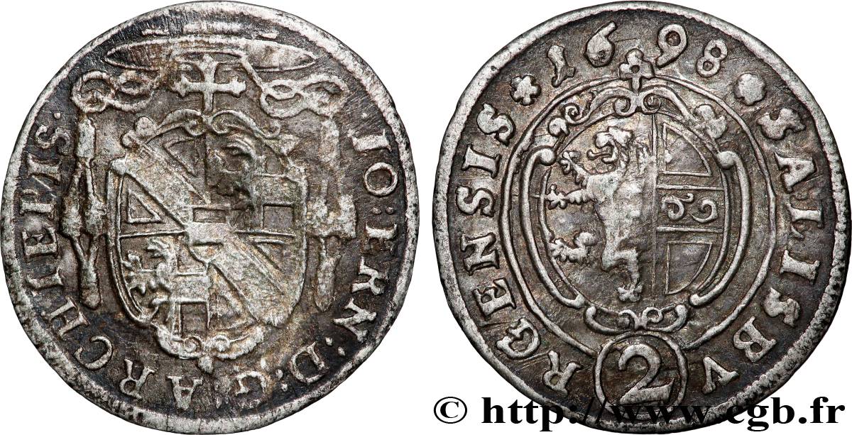 AUTRICHE - SALZBOURG 2 Kreuzer frappé au nom de l’archevêque Jean Ernest 1698  TTB 