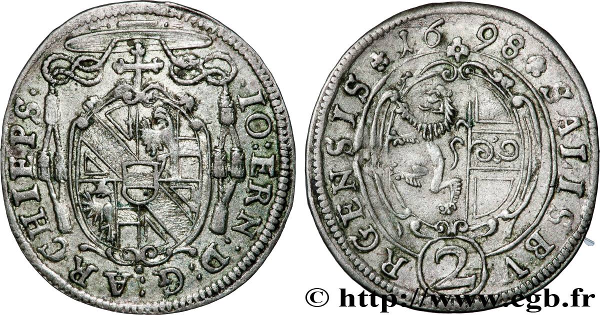 AUTRICHE - SALZBOURG 2 Kreuzer frappé au nom de l’archevêque Jean Ernest 1698  TTB 