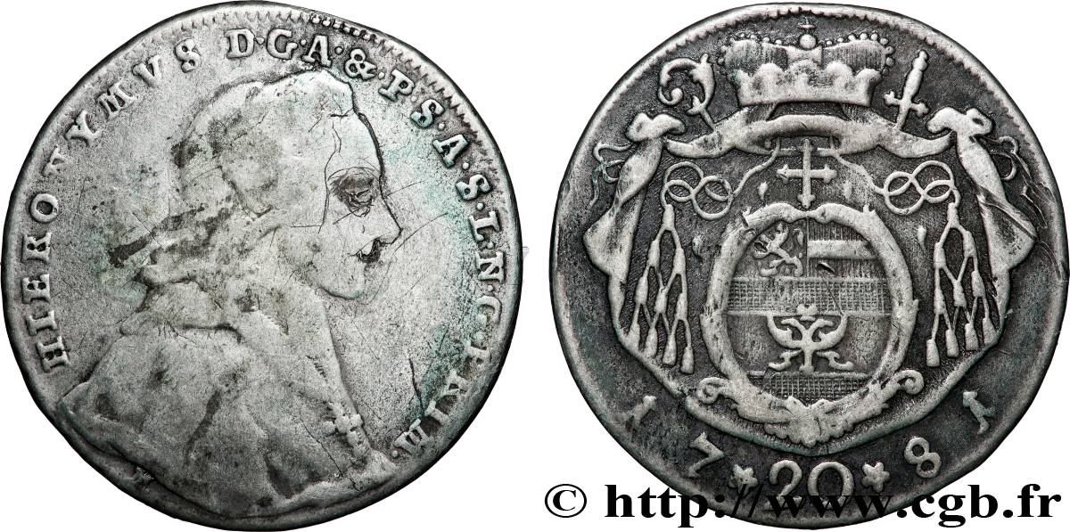AUTRICHE - SALZBOURG 20 Kreutzer Jérôme Colloredo 1781 Salzbourg TB+ 