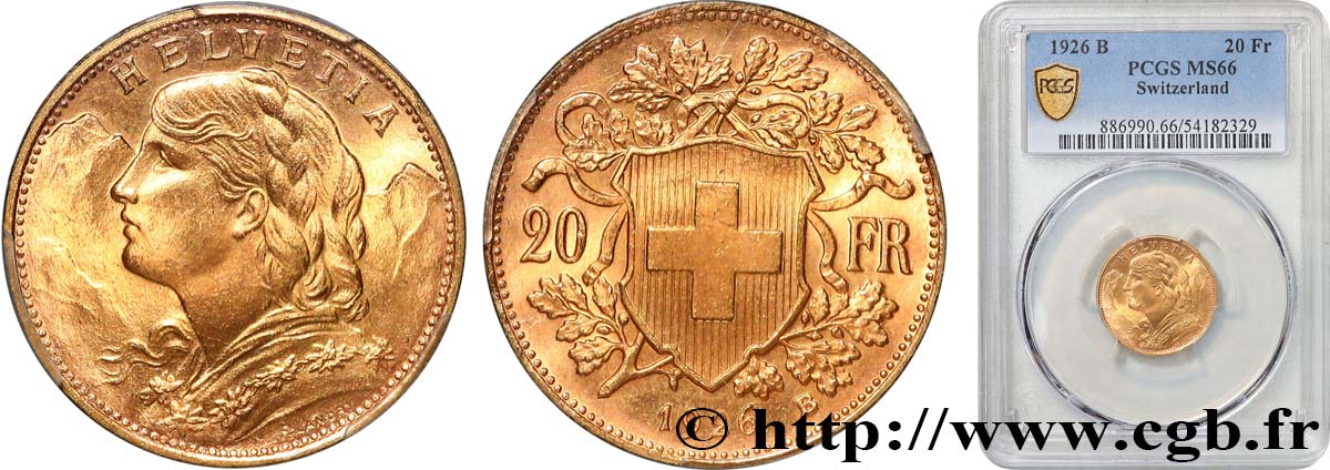SUISSE 20 Francs  Vreneli  1926 Berne FDC66 PCGS