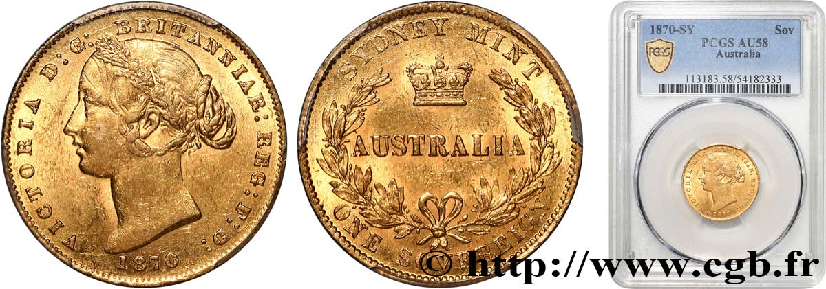 AUSTRALIE 1 Souverain Victoria type écu couronné 1870 Sydney - S SUP58 PCGS