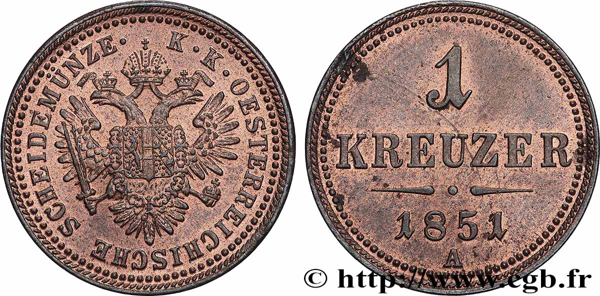 AUTRICHE 1 Kreuzer aigle bicéphale 1851 Vienne SUP 