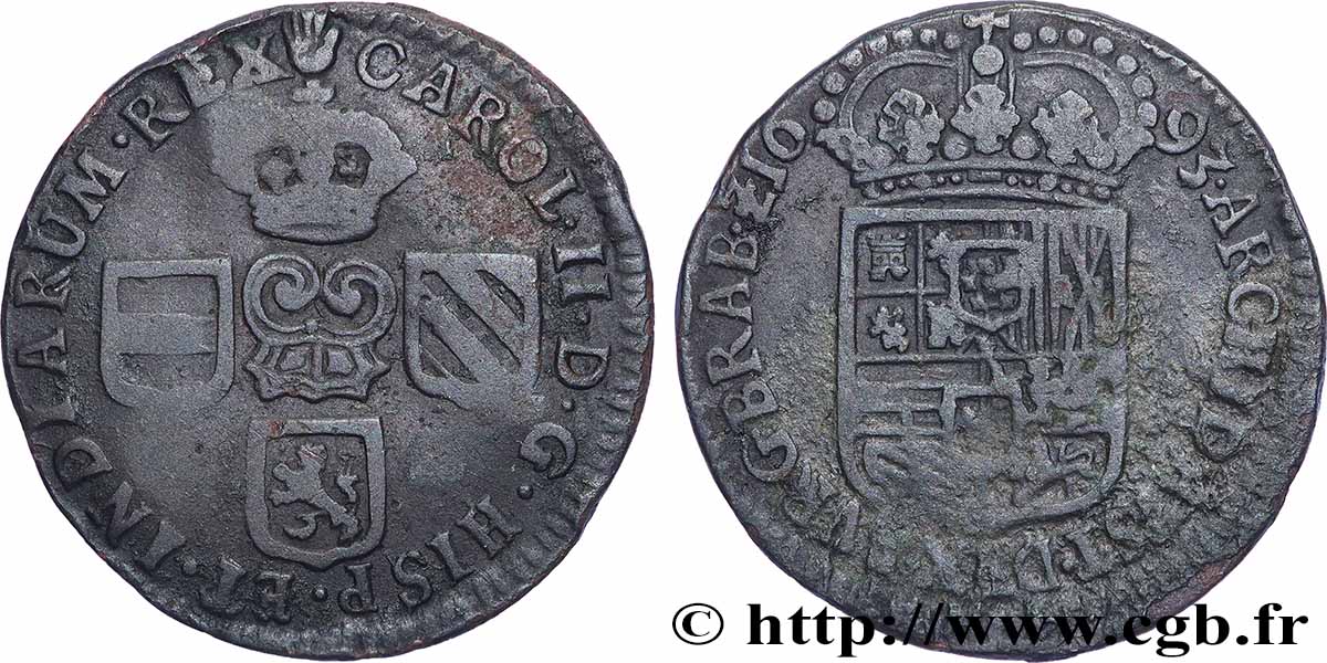 PAYS-BAS ESPAGNOLS - DUCHÉ DE BRABANT - CHARLES II D&nbsp;ESPAGNE Liard 1693  TB+ 