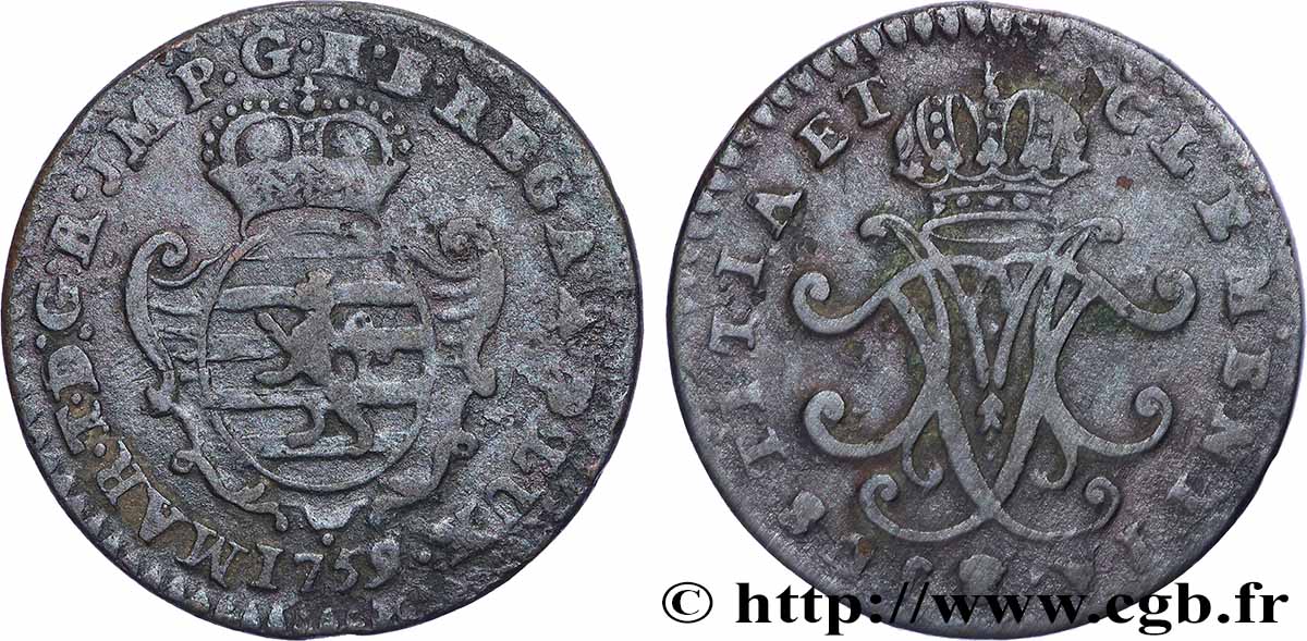 LUXEMBOURG 1 Liard monogramme de Marie-Thérèse d’Autriche 1759 Bruxelles TB+ 