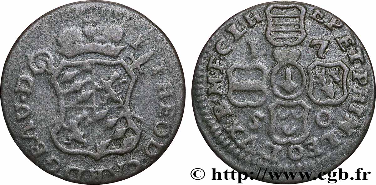 BELGIQUE - PRINCIPAUTÉ ÉPISCOPALE DE LIÈGE 1 Liard Évéché de Liège frappe au nom de Jean-Théodore de Bavière 1750  TB+ 