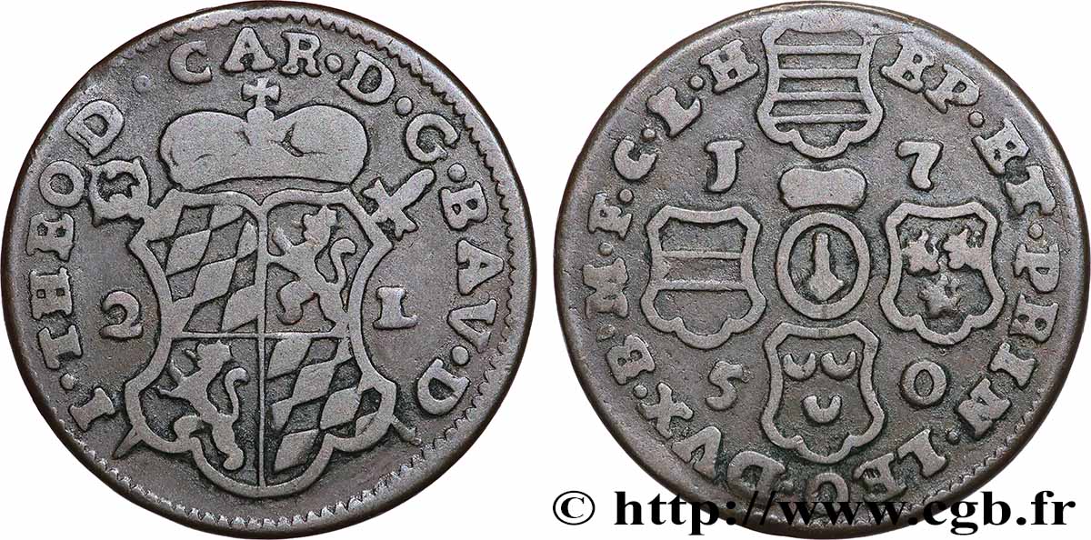 BELGIQUE - PRINCIPAUTÉ ÉPISCOPALE DE LIÈGE 2 Liards Évéché de Liège frappe au nom de Jean-Théodore de Bavière 1750  TTB 