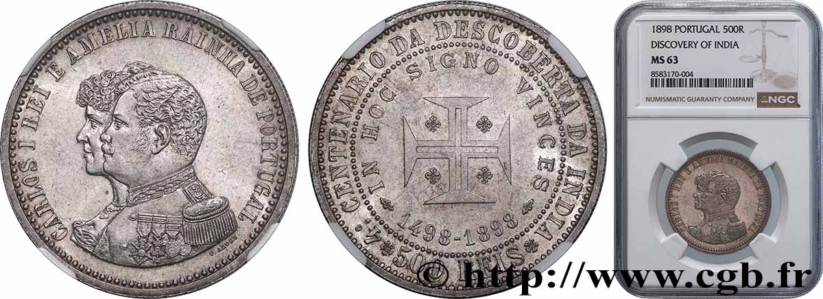 PORTUGAL 500 Réis Charles Ier et Amélie 1898  fST63 NGC