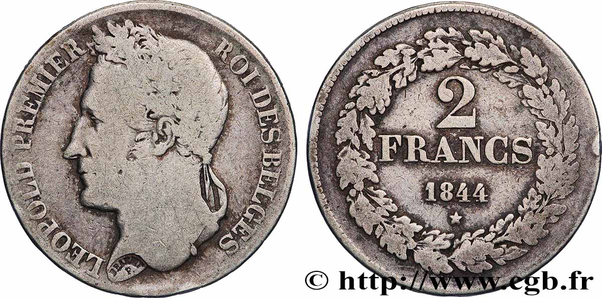 BELGIQUE - ROYAUME DE BELGIQUE - LÉOPOLD Ier 2 Francs Léopold Ier tête laurée 1844  TB 