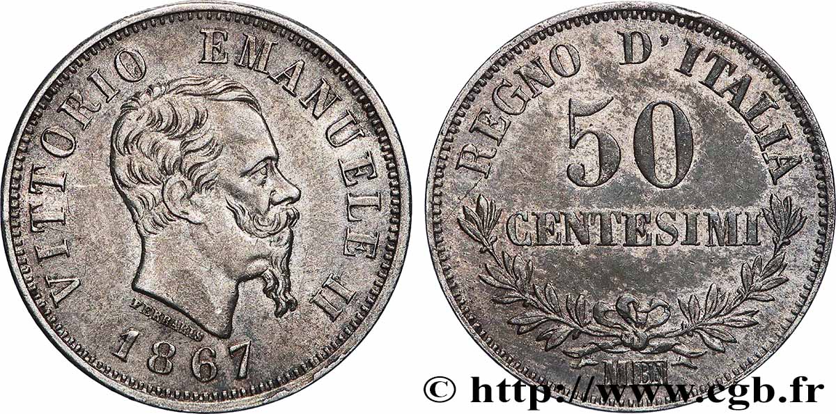 ITALIEN 50 Centesimi Victor Emmanuel II 1867 Milan VZ 