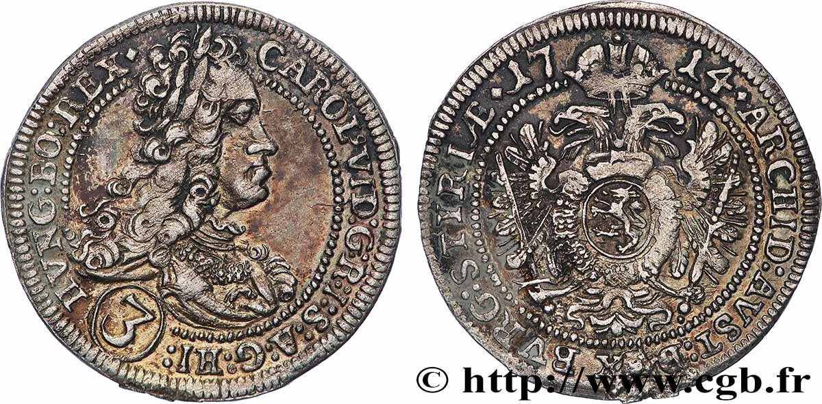 AUTRICHE 3 Kreuzer Charles VI 1714 Graz TTB 