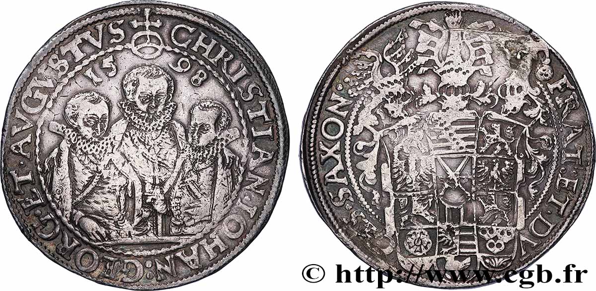 ALLEMAGNE - DUCHÉ DE SAXE - CHRISTIAN II, JEAN-GEORGES ET AUGUSTE Thaler dit “des trois frères” 1598 Dresde XF 