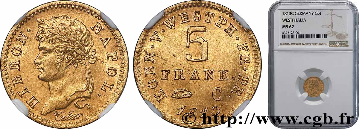 ALLEMAGNE - ROYAUME DE WESTPHALIE - JÉRÔME NAPOLÉON 5 Franken 1813 Cassel SUP62 NGC