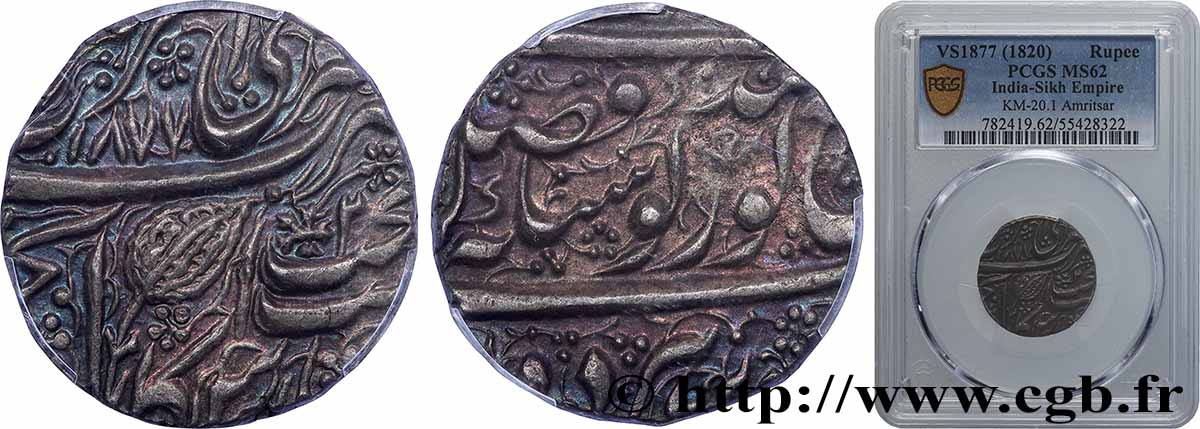 INDIA - SIKH EMPIRE 1 Rupee Ranjit Singh VS1877 (1820) Amritsar VZ62 PCGS