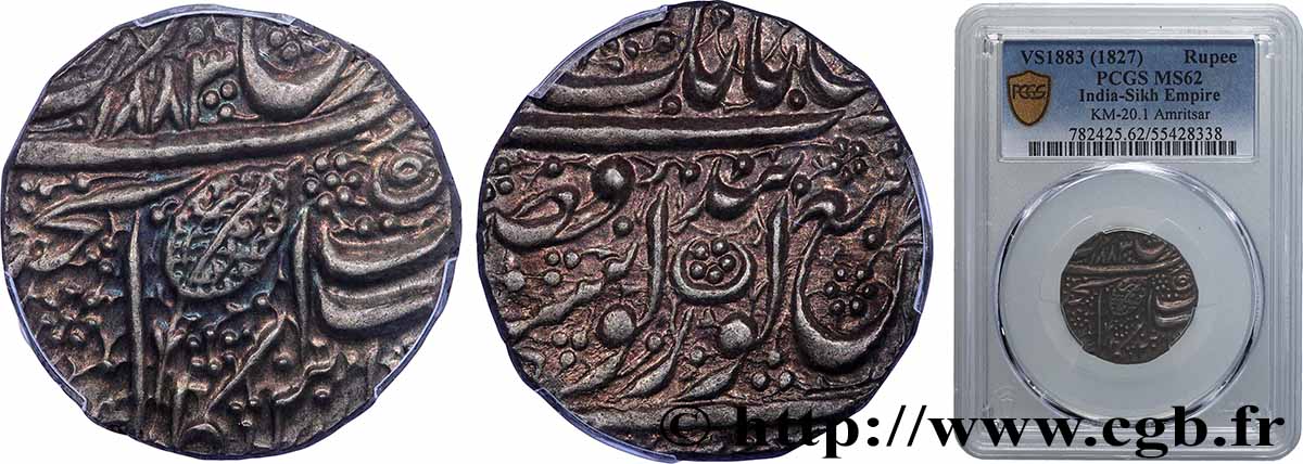 INDIA - SIKH EMPIRE 1 Rupee Ranjit Singh VS1883 (1827) Amritsar VZ62 PCGS