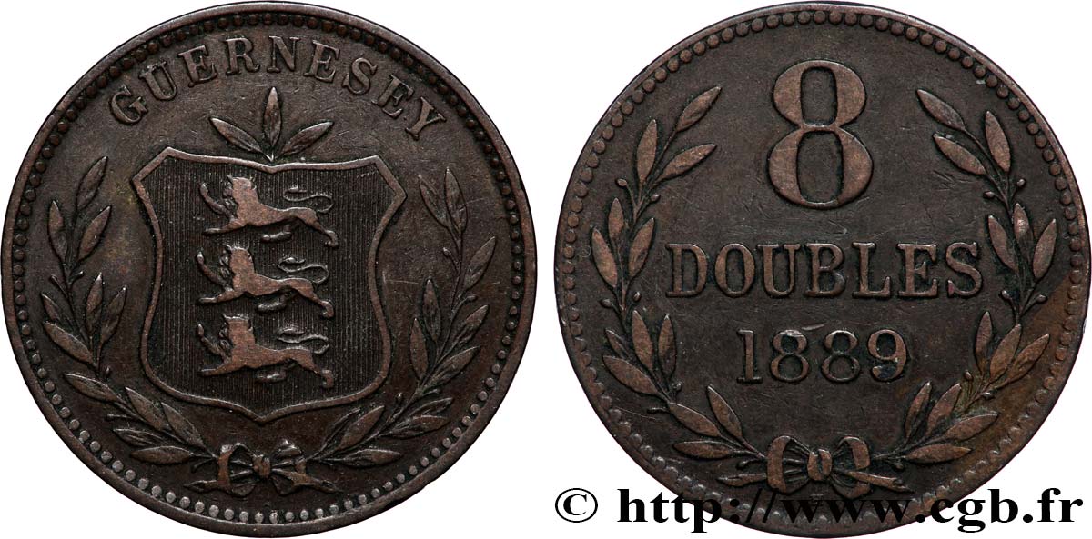GUERNESEY 8 Doubles armes du baillage de Guernesey 1889 Heaton TTB 