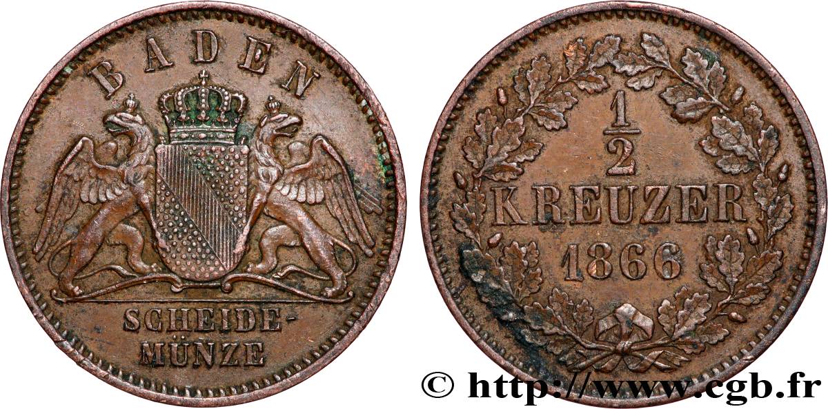 ALLEMAGNE - BADE 1/2 Kreuzer Grand-Duché de Bade 1866  TTB+ 