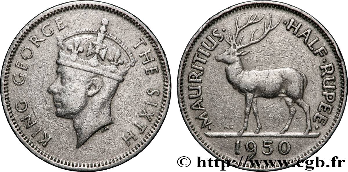 ÎLE MAURICE 1/2 Rupee (Roupie) Georges VI 1950 Londres TTB 