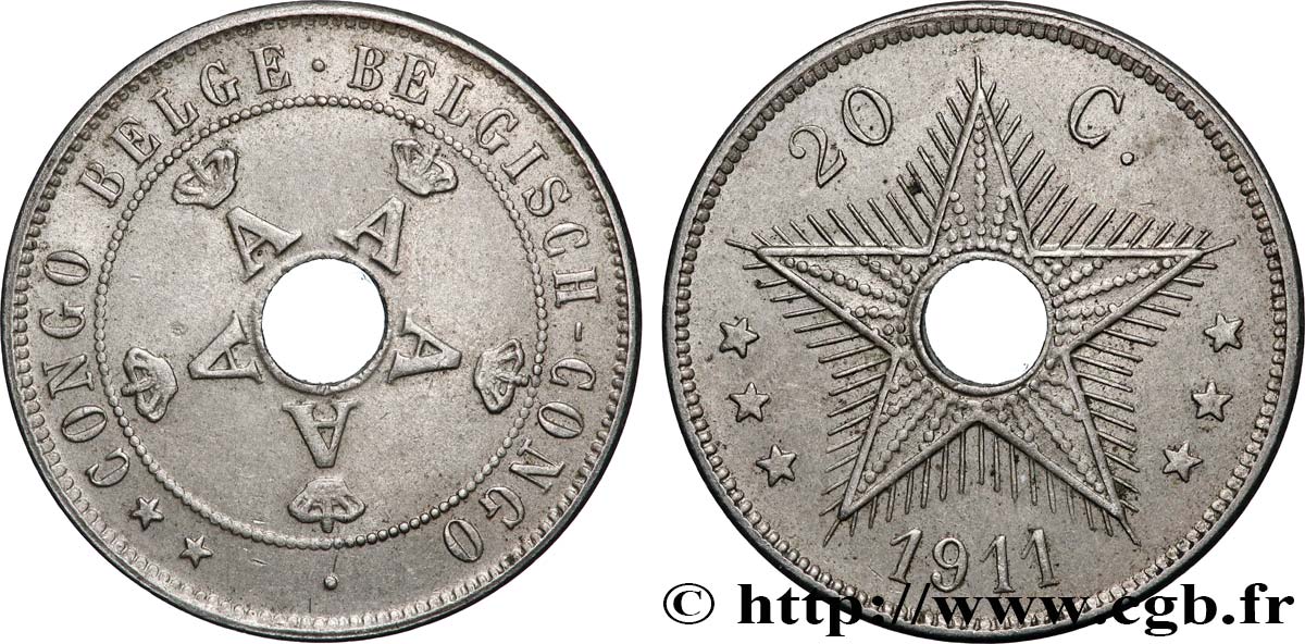 CONGO BELGE 20 Centimes monogramme A (Albert) couronné 1911 Bruxelles TTB+ 