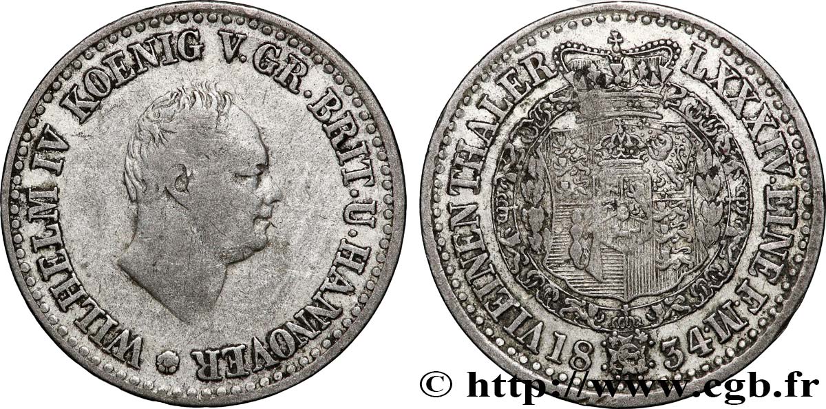 ALLEMAGNE - HANOVRE 1/6 Thaler Guillaume IV roi de Hanovre  1834  TB 
