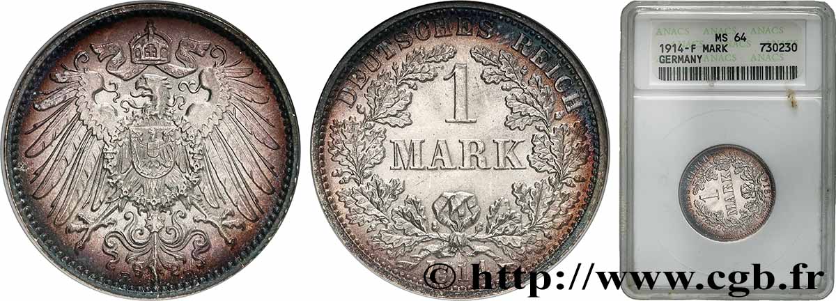 DEUTSCHLAND 1 Mark Empire aigle impérial 2e type 1914 Stuttgart fST64 ANACS