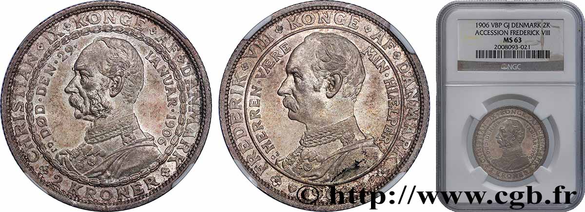 DÄNEMARK 2 Kroner mort de Christian IX et accession de Frédéric VIII 1906 Copenhague fST63 NGC