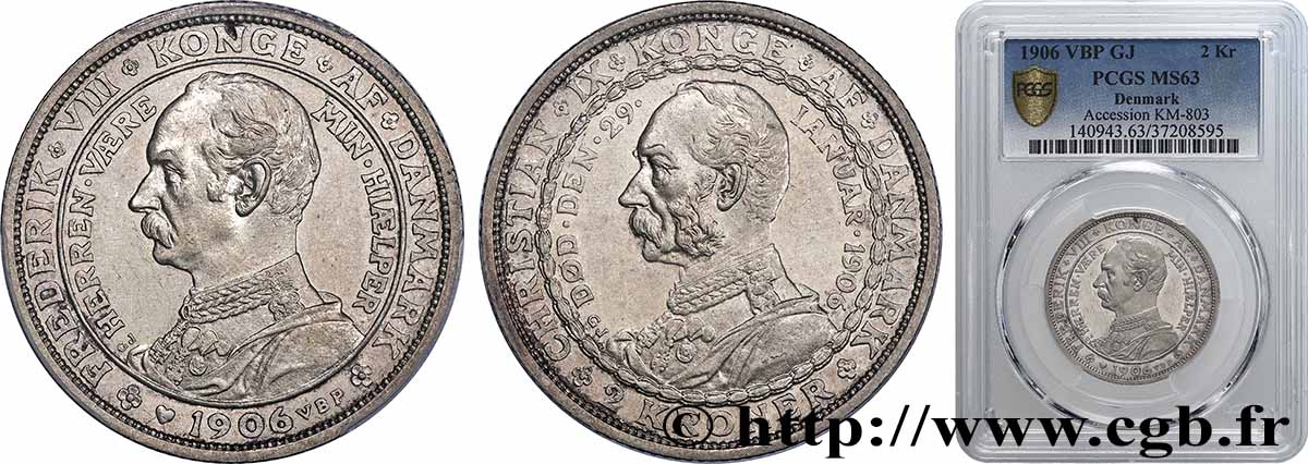 DÄNEMARK 2 Kroner mort de Christian IX et accession de Frédéric VIII 1906 Copenhague fST63 PCGS