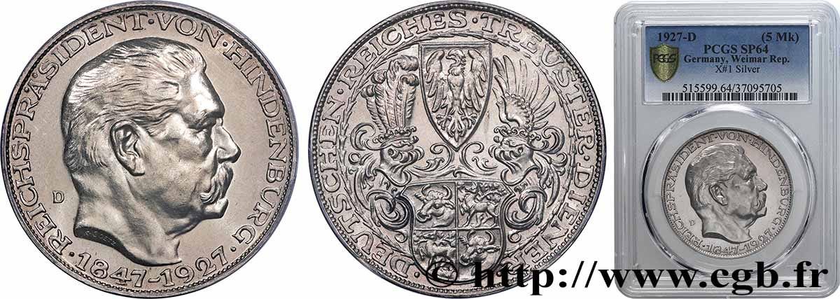 GERMANY Module de 5 Reichsmark 80e anniversaire du Maréchal von Hindenburg 1927 Munich MS64 PCGS