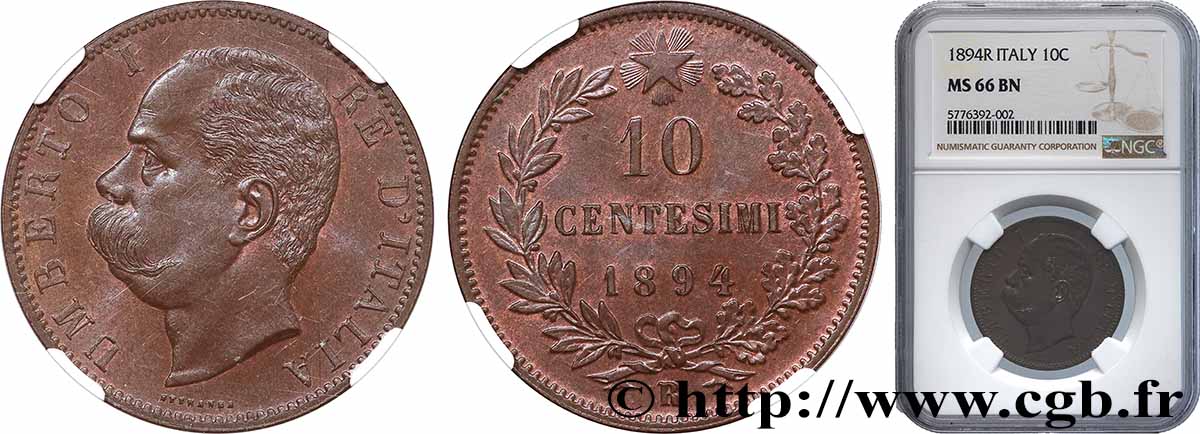 ITALIE - ROYAUME D ITALIE - HUMBERT Ier 10 Centesimi  1894 Rome FDC66 NGC