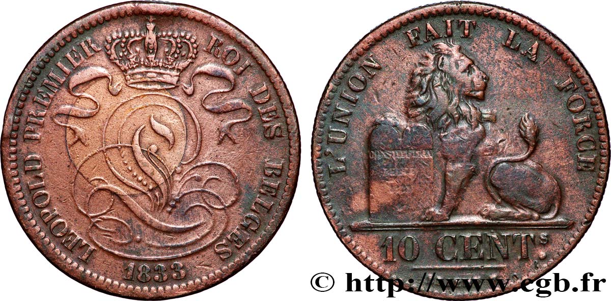 BELGIQUE 10 Centimes lion 1833 Bruxelles TB+ 