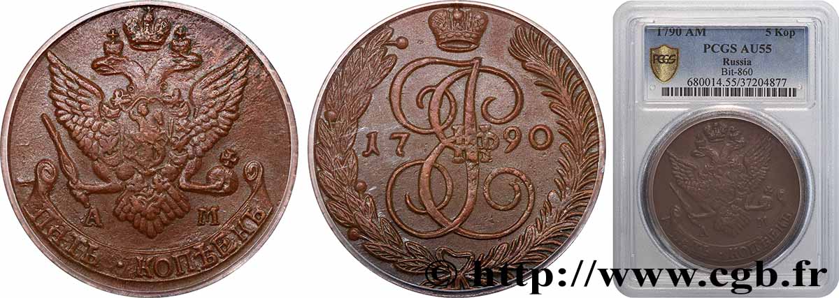 RUSSLAND - KATHARINA II 5 Kopecks aigle bicéphale 1790 Anninsky VZ55 PCGS