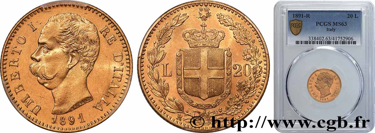 ITALIE - ROYAUME D ITALIE - HUMBERT Ier 20 Lire  1891 Rome  SPL63 PCGS
