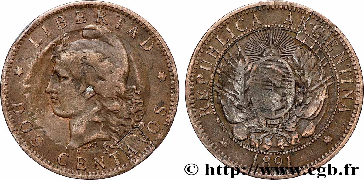 ARGENTINIEN 2 Centavos emblème / “Liberté” transformée en Boîte de forçat 1891  S 