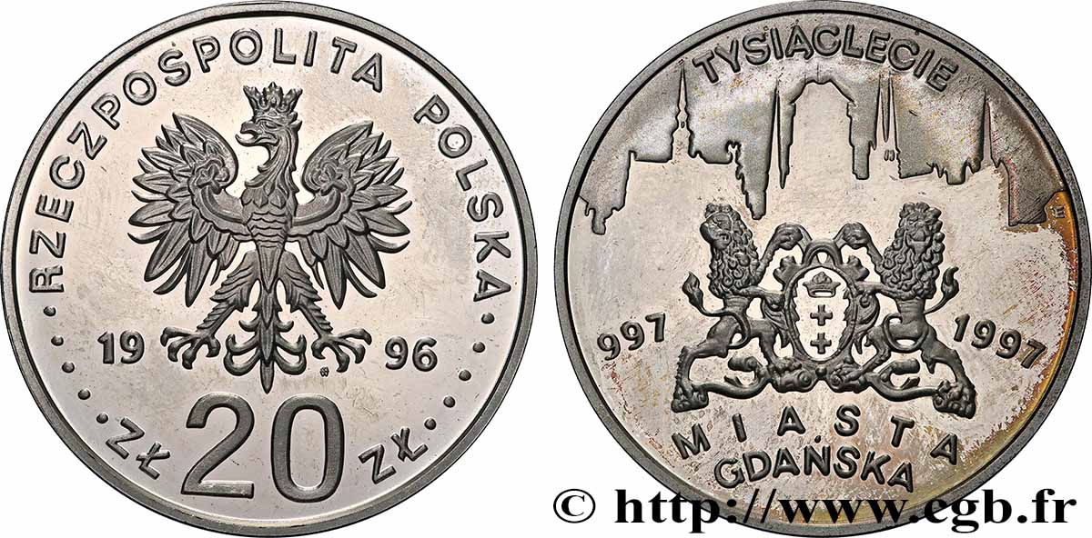 POLEN 20 Zlotych Proof Gdansk 1996 Varsovie fST 