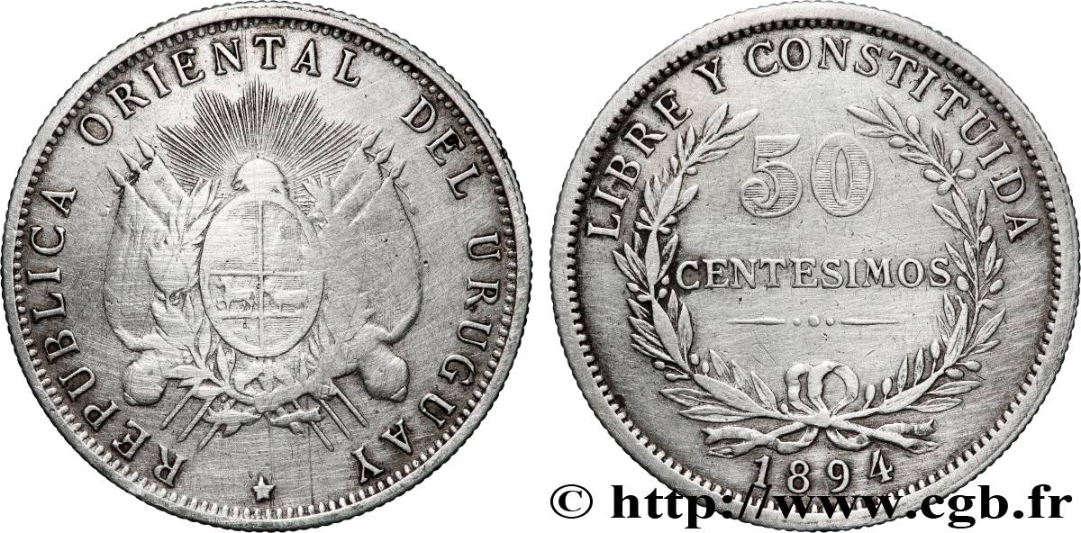 URUGUAY 50 Centesimos 1894  TB+ 