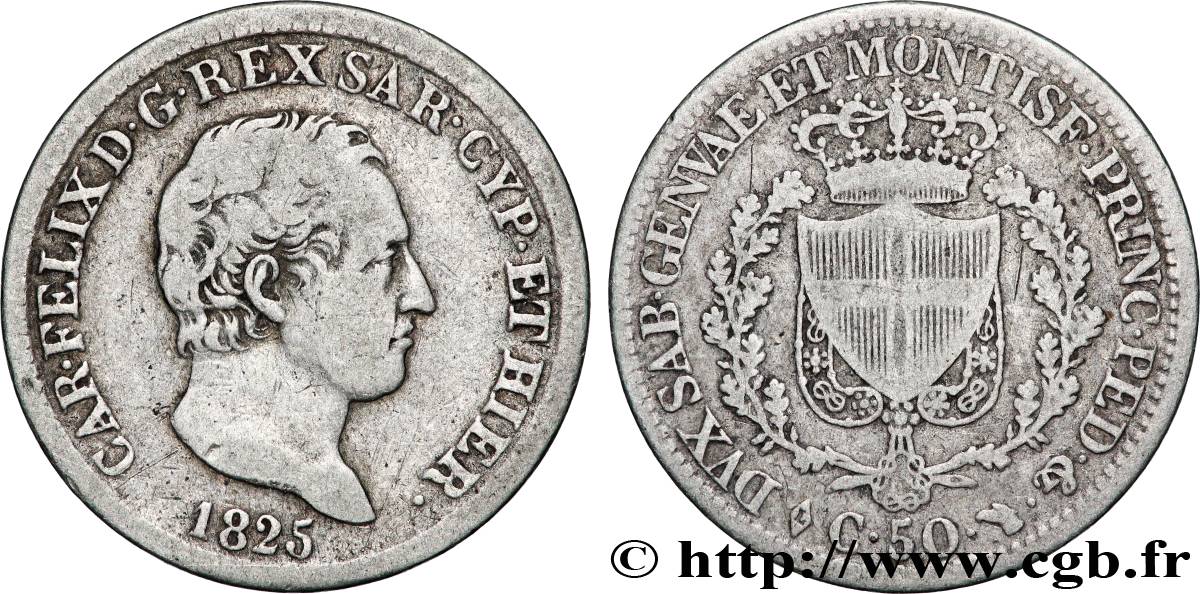 ITALIE - ROYAUME DE SARDAIGNE 50 Centesimi Charles-Félix 1825 Turin TB+ 