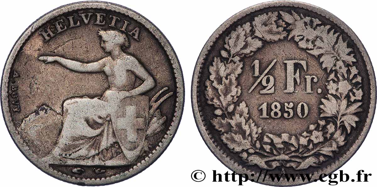 SUISSE 1/2 Franc Helvetia 1850 Paris TB+ 