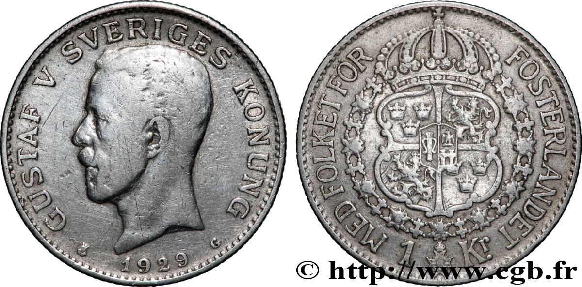 SUÈDE 1 Krona Gustave V 1929 Kungsholmen TB+ 