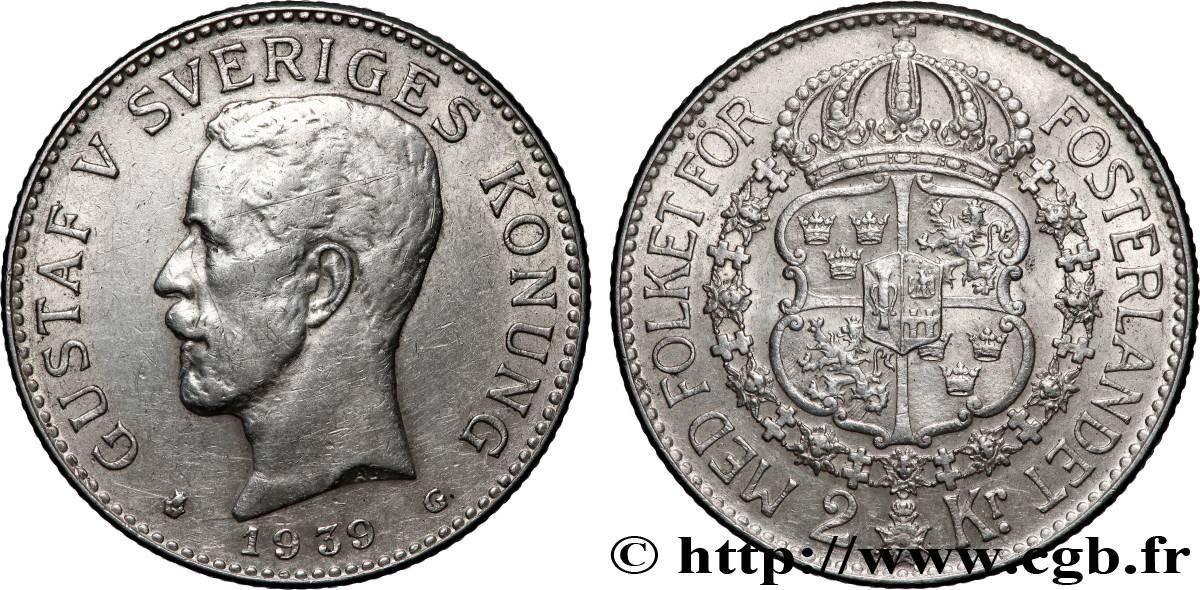 SCHWEDEN 2 Kronor Gustave V  1939  SS 