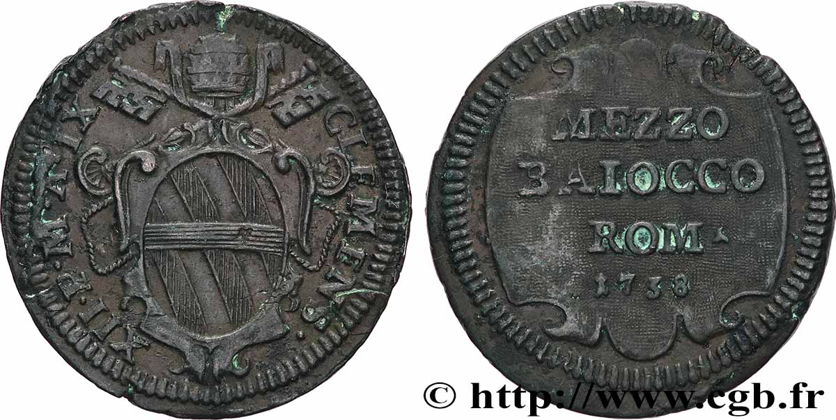 ITALIE - ÉTATS DU PAPE - CLÉMENT XII (Laurent Corsini) 1/2 Baiocco 1738 Rome TTB 