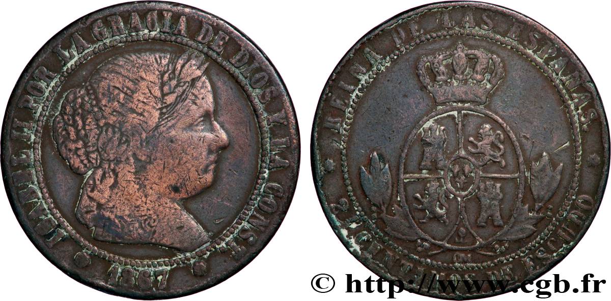 SPAIN 2 1/2 Centimos de Escudo Isabelle II / écu couronné 1867 Oeschger Mesdach & CO VF 