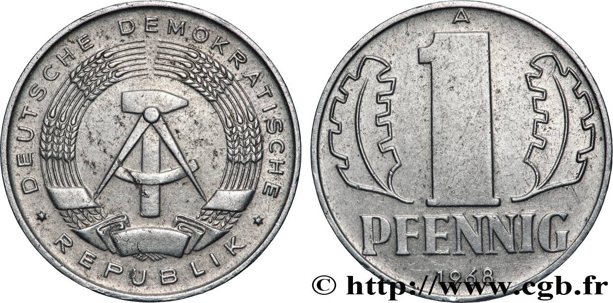 ALLEMAGNE RÉPUBLIQUE DÉMOCRATIQUE 1 Pfennig emblème de la RDA 1968 Berlin SUP 