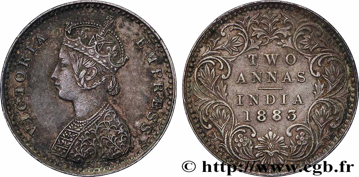 INDES BRITANNIQUES 2 Annas Victoria 1883 Calcutta TTB+ 