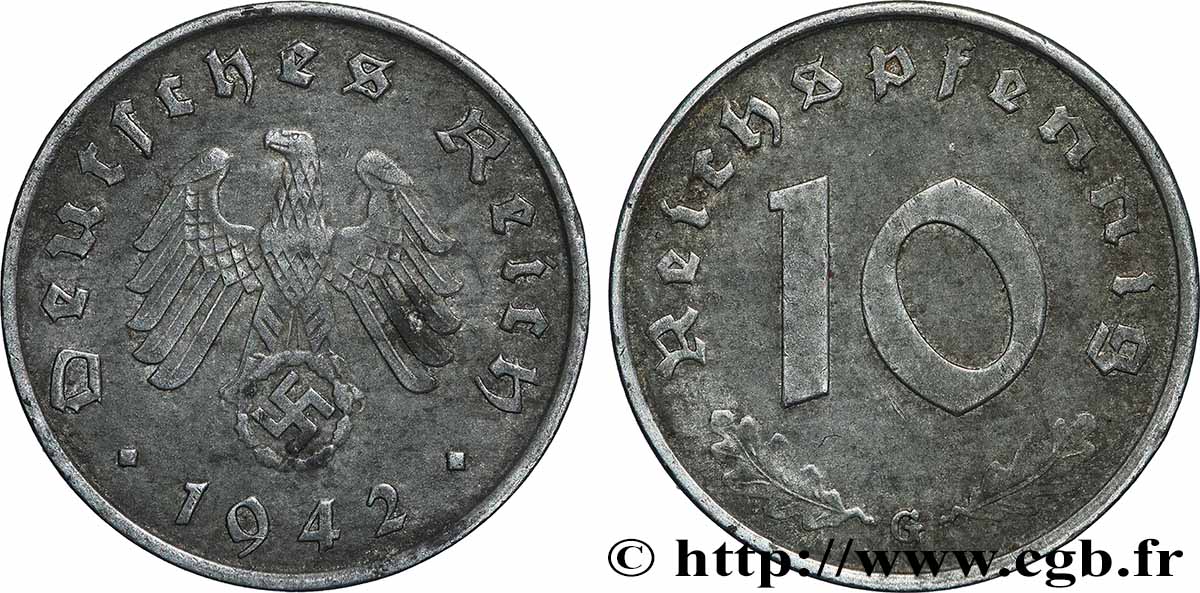 DEUTSCHLAND 10 Reichspfennig aigle surmontant une swastika 1942 Karlsruhe SS 