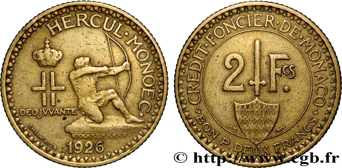 MONACO 2 Francs émission du Crédit Foncier de Monaco 1926 Poissy TTB 