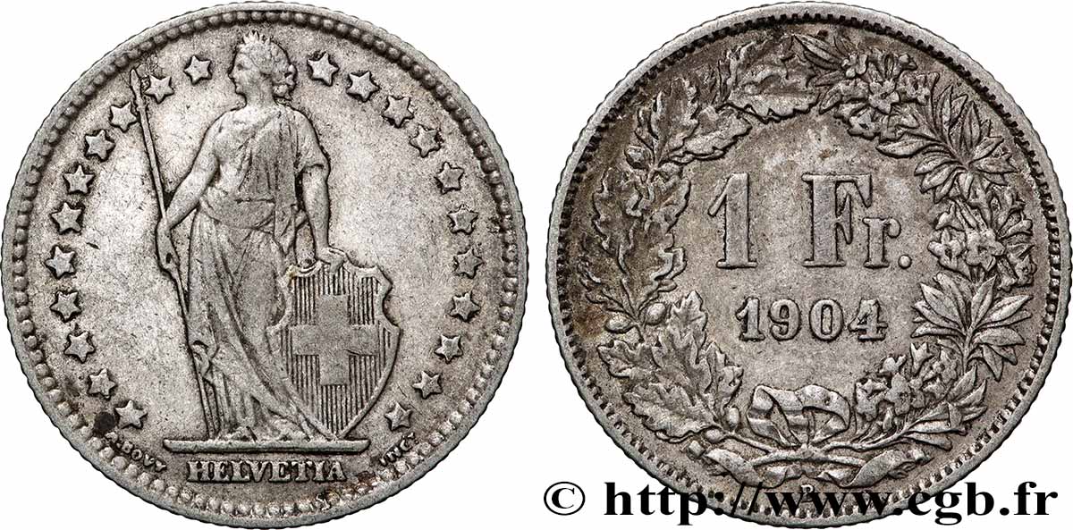 SWITZERLAND 1 Franc Helvetia 1904 Berne VF 