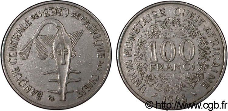WESTAFRIKANISCHE LÄNDER 100 Francs masque 1967 Paris fVZ 