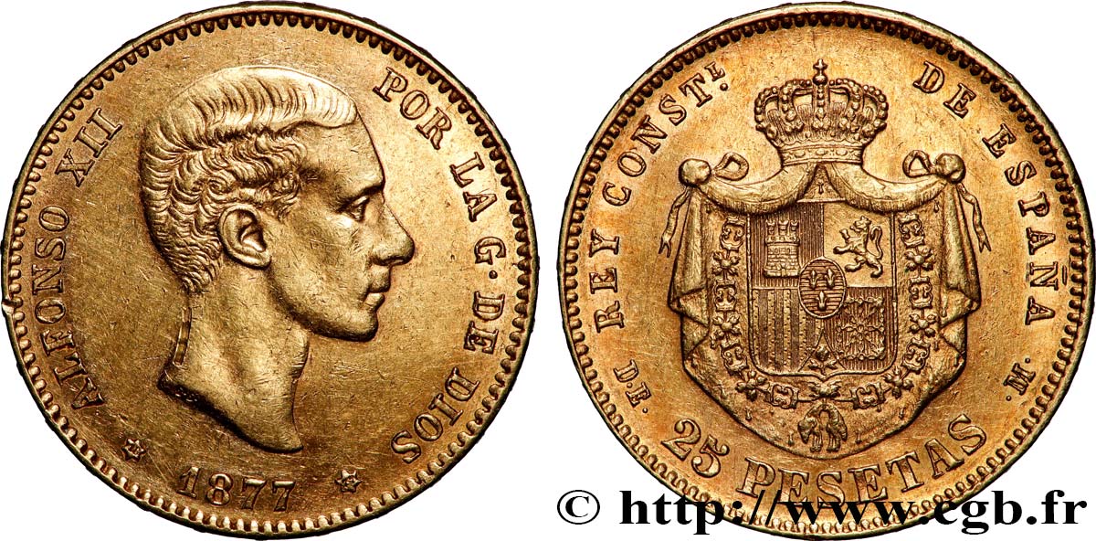 ORO, PALLADIO E PLATINO: INVESTIMENTI 25 Pesetas Alphonse XII 1877 Madrid q.SPL 