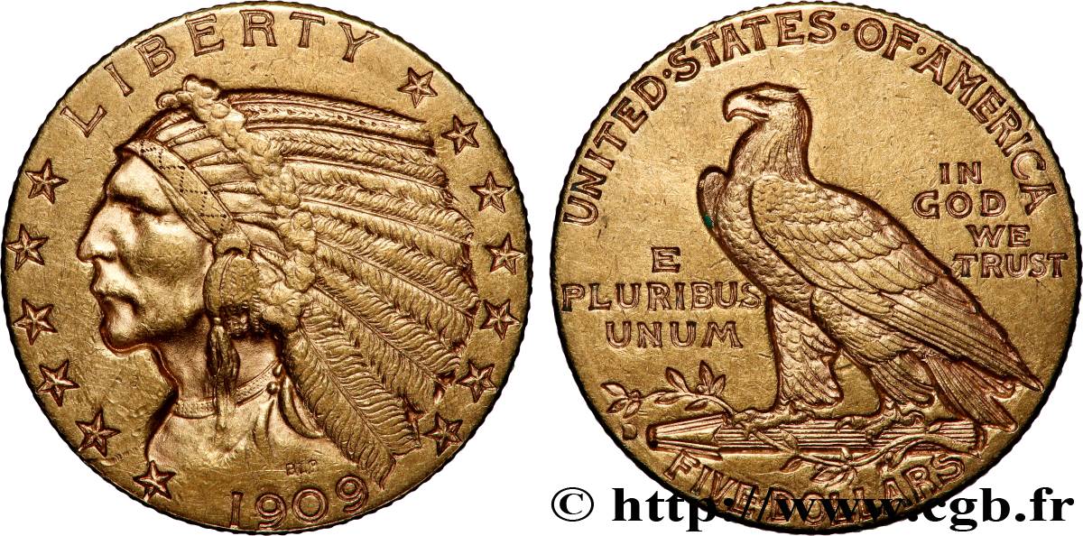 ORO, PALLADIO E PLATINO: INVESTIMENTI 5 Dollars or &nbsp;Indian Head&nbsp; 1909 Denver BB 